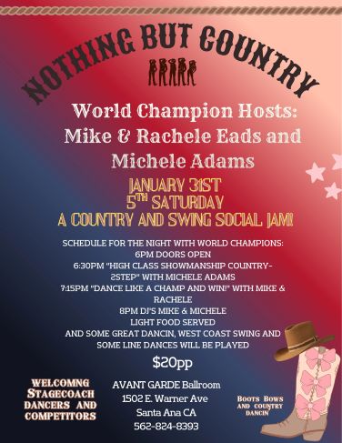 Michele Adams Presents NOTHING BUT COUNTRY November 29, 2025 at the Press Box in Westminster CA. Join your Hosts Michele Adams for a Night of Country Dancing. Doors open at 6 PM – A Country 2 Step Lesson at. 7:15 PM - Open Dancing with DJs Michele Adams at 8 PM