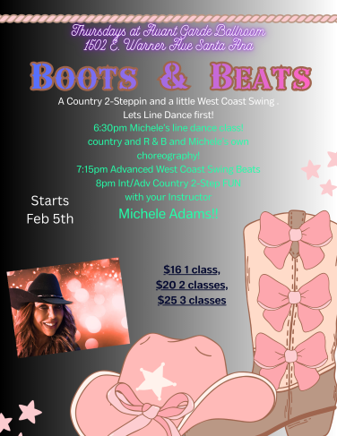 Dance Thursdays Classes with Michele Adams at Avant Garde Ballroom in Santa Ana, CA. 6:30 PM - Intermediate / Advance West Coast Swing. 7:15 PM Intermediate / advance Country two Step. 8 PM - Intermediate / Advance Hustle