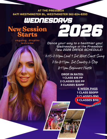 Wednesday Dance Class Schedule with Michele Adams at the Pressbox in Westminster, CA (Westminster Lanes Luange). 6:45 PM - Intermediate 1 West Coast Swing. 7:30 PM - Intermediate 1 Country Two Step. 8:15 PM Beginning Hustle
